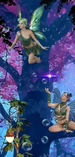 Fantasy wallpaper with fairies in an enchanted forest, surrounded by bubbles and vibrant colors.