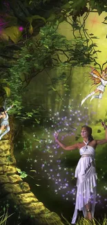 Enchanted forest wallpaper with fairies and glowing green scenery.