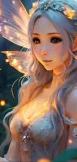 Fantasy fairy with glowing wings in forest