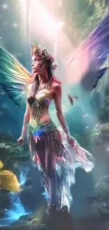 Enchanting fairy in a magical forest with vibrant wings and ethereal beauty.