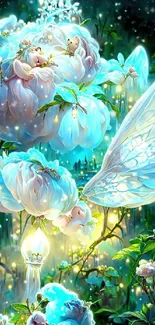 Enchanting fairy garden wallpaper with glowing flowers and magical scenery.