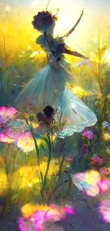 Dreamy fairy in a mystical flower garden with magical lighting.