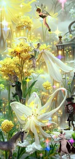 Magical fairy garden with yellow flowers and whimsical creatures.