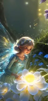 Whimsical fairy in glowing enchanted garden with flowers.