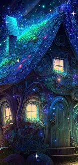 Enchanted fairy house glowing in a mystical forest scene.