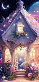 Enchanted fairy house with glowing candles under a celestial night sky.