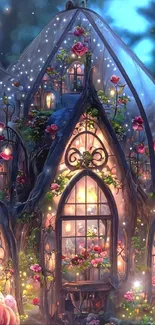 Enchanting fairy house with roses and lights in a dark blue night setting.