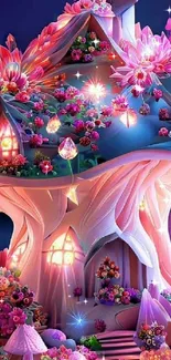 Enchanting fairy house wallpaper with vibrant flowers and mystical lighting.