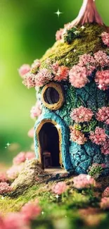 Fairy house surrounded by pink flowers and greenery in a magical setting.