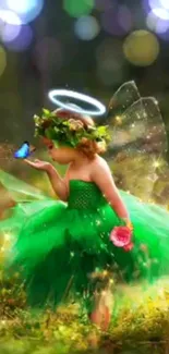 Fairy with butterfly in a green forest.