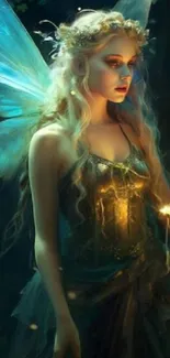 Enchanted fairy with blue wings in glowing forest.