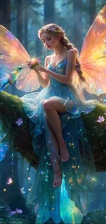 Ethereal fairy with colorful wings in a mystical forest setting.