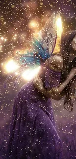 Enchanting fairy with wings glowing in a purple mystical landscape.