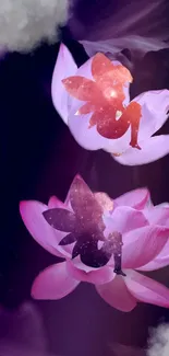 Fantasy wallpaper with fairies on lotus flowers and purple hues.