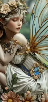 A delicate fairy with floral accessories and wings in a garden setting.