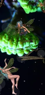 Whimsical fairies flying in a glowing green magical forest night scene.