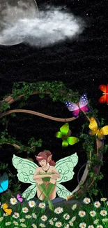 Fairy with butterflies under a moonlit sky, surrounded by flowers.