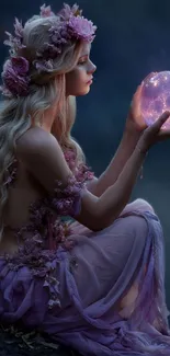 Fairy holding a glowing orb with a flower crown.