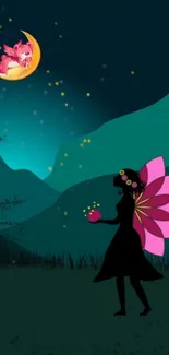 Silhouetted fairy with pink wings under a moonlit sky and dragon on crescent moon.