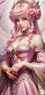 Enchanting fairy princess in a pink gown with wings in a mystical forest setting.