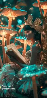 Fairy reading in a glowing mushroom forest.