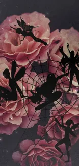 Fairy silhouettes with pink roses on a mobile wallpaper.