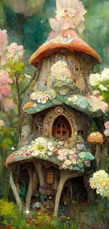 Whimsical cottage surrounded by flowers.