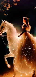 Princess riding a glowing horse under a starry night sky.