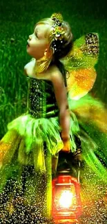 A young fairy in a glowing green dress holds a lantern in a dark forest.