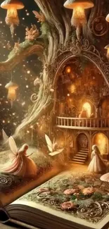 Whimsical fairy tale scene with an enchanted tree and glowing lights.