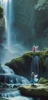 Fairies by a magical waterfall surrounded by lush green forest.