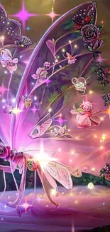 Enchanted fairy wings with glowing butterflies and roses in fantasy setting.