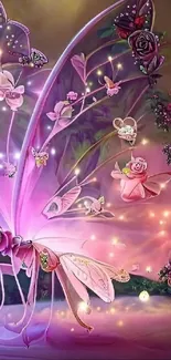 Enchanting pink fairy wings with glowing butterflies and roses.