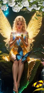 Enchanted fairy with golden wings holding butterflies in a mystical forest.