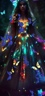 Enchanted fairy with glowing butterflies in a mystical setting.