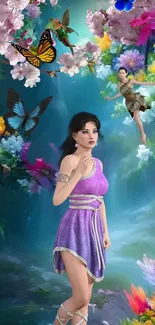 Fantasy wallpaper with fairies and colorful flowers.