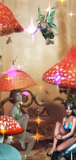 Fantasy art wallpaper with fairies and vibrant mushrooms in an enchanting scene.