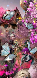 Fairyland scene with flowers, butterflies, and enchanted cottage.