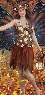 Autumn fairy with butterfly wings in a colorful fall forest.