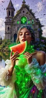 Magical fantasy castle with enchanting aura and vibrant scenery.