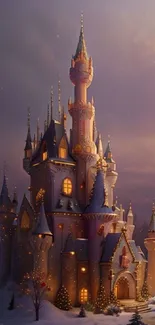 Enchanted castle in snowy twilight landscape with glowing lights.