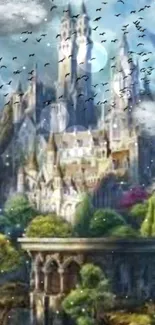 Fantasy castle with birds and lush nature in a dreamy blue sky wallpaper.