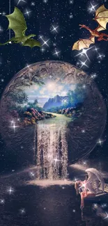 Fantasy wallpaper with dragons, stars, and a waterfall.