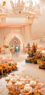 Enchanted fantasy castle with gardens and river.