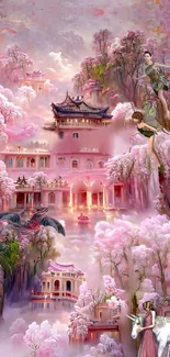 Fantasy wallpaper with pink blossoms and mythical creatures.