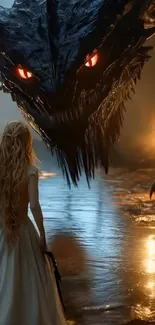 A dramatic fantasy scene with a creature and a figure.
