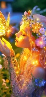Enchanted scene with a fairy holding a butterfly.