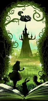 Fantasy art keyhole view with forest and castle.