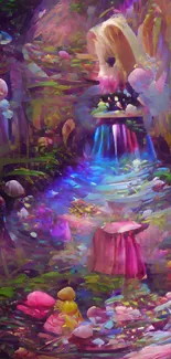 Vibrant enchanted forest with waterfall in fantasy colors.