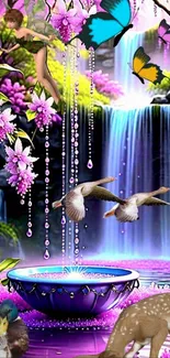 Fantasy wallpaper with fairies, butterflies, and a waterfall in an enchanted forest.
